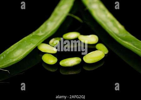 Gruppo di due metà di otto pezzi di snap bean verde isolato sul vetro nero Foto Stock