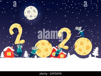 Illustrazione Vettoriale. Banner orizzontale con divertenti cartoon topi recanti il formaggio. Disegnata a mano illustrazione. Simbolo cinese 2020 anno nuovo. Anno nuovo - scheda Illustrazione Vettoriale