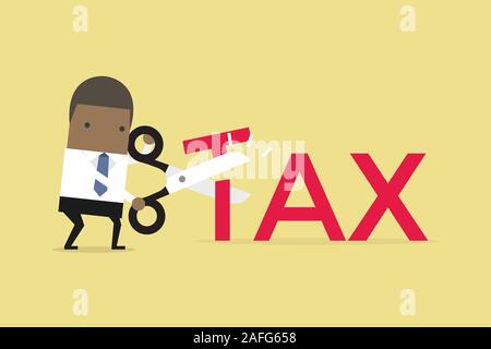 Imprenditore africano con taglio a forbice grande lettera T illustrazione vettoriale. Riduzione delle imposte la concezione di business. Illustrazione Vettoriale