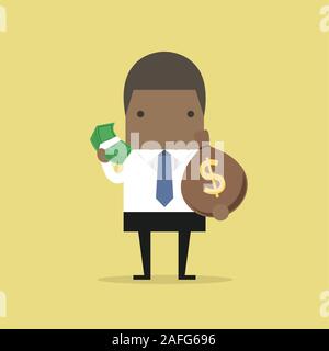 Imprenditore africano tiene in mano il denaro. Vettore Illustrazione Vettoriale