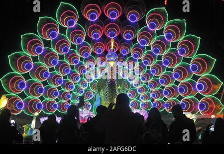 Kiev, Ucraina. 15 Dic, 2019. Una figura gigantesca da lanterne sono visibili durante il festival.Oltre 30 giganti da lanterne, incluso il leggendario esercito di terracotta, la Grande Muraglia della Cina, il mondo sottomarino, caratteri di cinese antichi racconti e leggende, Cinese zoo, paradiso degli uccelli, fenicotteri, esperti e altri incredibili installazioni che può essere visto dai visitatori durante la festa di Natale del gigante lanterne cinesi chiamato leggende della Cina, a Kiev in Ucraina. Credito: Pavlo Gonchar SOPA/images/ZUMA filo/Alamy Live News Foto Stock