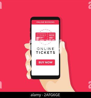 Mano azienda mobile smart phone con cinema online ticket. Illustrazione Vettoriale
