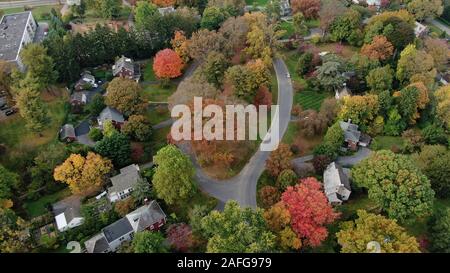 Residenziale elegante area suburbana con un sacco di verde e di alberi in un colorato fogliame di autunno, vista aerea del centro storico di ville residenziali e case Foto Stock