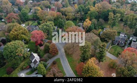 Residenziale elegante area suburbana con un sacco di verde e di alberi in un colorato fogliame di autunno, vista aerea del centro storico di ville residenziali e case Foto Stock