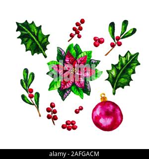 Acquerello rosso Poinsettia piante, vischio, agrifoglio, Berry, ornamento di Natale isolato su sfondo bianco Foto Stock