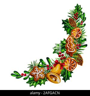 Acquerello disposizione di Natale con pan di zenzero, essiccato fette di agrumi, legno jingle bell isolati su sfondo bianco Foto Stock