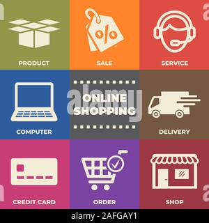 SHOPPING ONLINE concetto con icone e indicazioni Illustrazione Vettoriale