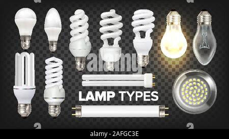 Set di lampade a LED, fluorescenti e a incandescenza con vettore Illustrazione Vettoriale