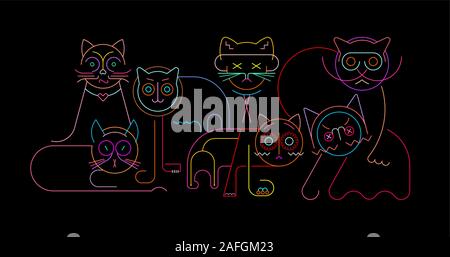 Colori al neon su uno sfondo nero gatti illustrazione vettoriale. Il gruppo di sette diverse tomcats. Illustrazione Vettoriale