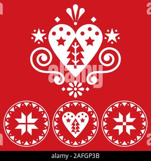 Natale folk scandinava vettore art design - unica collezione di modelli con cuori, fiori, i fiocchi di neve e alberi di Natale in bianco su rosso backg Illustrazione Vettoriale