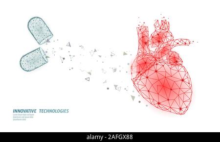 3D cuore medicina medicina di trattamento. La salute umana cuore diagnostica di proteggere il concetto. Bassa poli illustrazione vettoriale Illustrazione Vettoriale