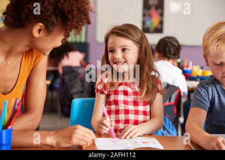 Insegnante di scuola elementare dando pupilla femmina uno a un supporto in aula Foto Stock