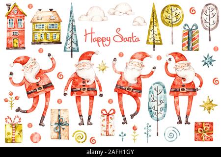 Buon Natale e felice anno nuovo acquerello selezione. Vivaio aqarelle santa claus, infantile abete, stelle ingenuo confezioni regalo e le sfere, cartoon e Foto Stock