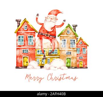 Buon Natale e felice anno nuovo acquerello su carta. Ingenuo aqarelle santa claus volare sopra le case, cartoline di auguri coperchio isolato su bianco backg Foto Stock