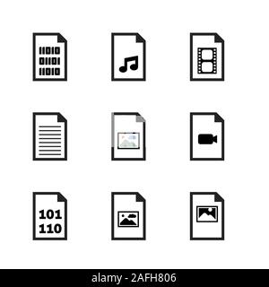 Formato file icona set - icone per binario, documenti, immagini, video e file audio. Illustrazione Vettoriale