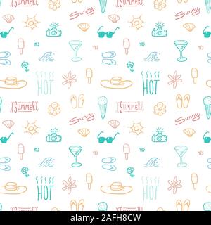 Estate doodle - seamless vector pattern con beach vacation oggetto. Illustrazione Vettoriale