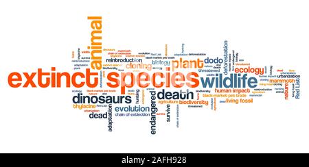 Specie estinte - ambiente temi e concetti cloud parola illustrazione. Parola concetto di collage. Foto Stock
