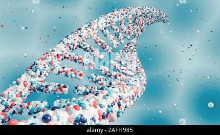 Filamenti di DNA a doppia elica close-up e particelle colorate su sfondo blu e copia di spazio. Medical, biologia, microbiologia, genetics 3D render illustr Foto Stock