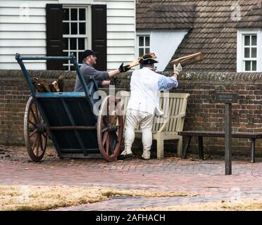 Maschio interprete in costume e moderna helper nella Colonial Williamsburg toss legna su un mattone, lo svuotamento di un 2 ruote del carrello in legno. Legno in aria. Foto Stock