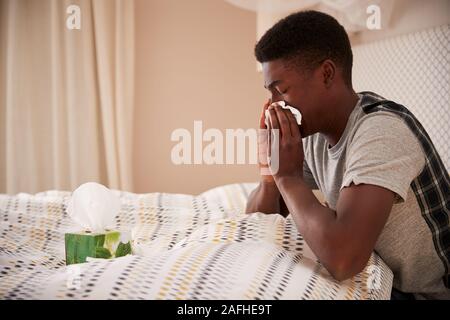 La millenaria African American uomo seduto a letto soffia il naso, vista laterale, vicino fino Foto Stock
