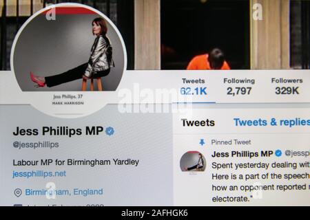 Account Twitter di Jess Phillips - Membro del Parlamento di Birmingham Yardley. Foto Stock