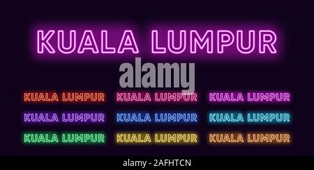 Neon di Kuala Lumpur nome, città capitale della Malesia. Testo al neon della città di Kuala Lumpur. Set di vettore di incandescente in primo piano con retroilluminazione trasparente. Rosa rossa Illustrazione Vettoriale