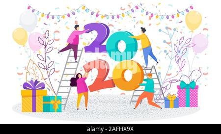 Piccolo popolo tenere i numeri enormi. 2020 bigliettino. Illustrazione Vettoriale