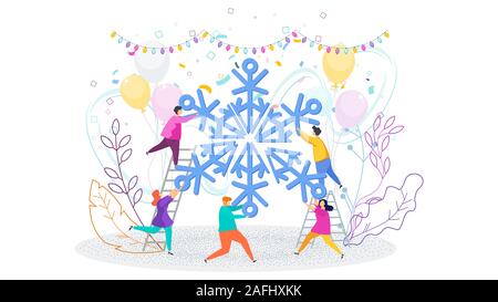 Piccolo popolo di archiviare enormi il simbolo del fiocco di neve. Natale e Anno Nuovo greating card. Illustrazione Vettoriale