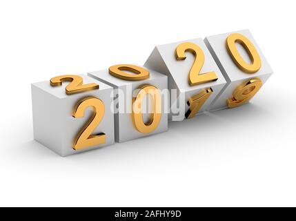 Astrazione del nuovo anno. Numero 2020 capovolge su cubetti. 3D render Foto Stock