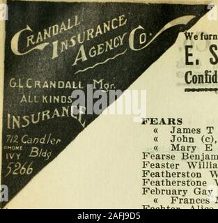 . Atlanta City Directory. un cerbiatto Henry (c), driver Walker Br6s Co Fav Theodore B, disegnatore W un Edwards, r East Lake Fayran Frederick (Caroline Y), pres soleggiato Sud Pub Co, r 269 Feagin Ginepro, r 227 Whitehall " Claude W, Stenone McCandless Laboratorio, r 239 Howell " Elmer R (Cleo), trav slsmn Sou Const Alimentazione & Co, r 85 Lago av " Leon H (Ethel), addetto alla spedizione, R 49 " Granato James Clerk Glenn Stock Photo il Co, r 239 Howell " William T, r 239 HowellFear Henrv J (Francesca), treas Atlantic comprimere Co, r 39 Bedford piFears Bettie (c), lavandaia 210 Little " Edward (c), porter Alvin Bronk, r 53 Tra Foto Stock