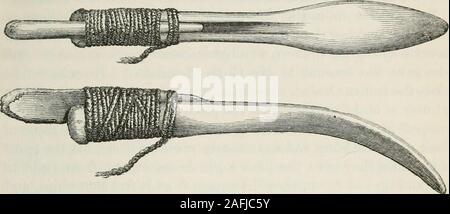 . Gli antichi attrezzi di pietra, armi e oggetti di ornamento, di Gran Bretagna. Raccolta* è mostrato in Fig. 9. Un altra forma di stru-mento di questo tipo, ma in cui il pezzo di avvisatore acustico è montato in un impianto di perforazione. 9.-Esquimaux freccia-flaker. j manico in legno, è mostrato in Fig. 10, a partire da un originale nello stesso Foto Stock