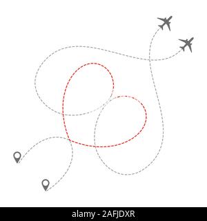 Cuore punteggiata aeroplani rotta Illustrazione Vettoriale