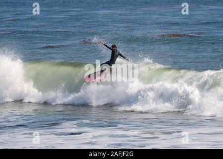 Surfers nel Pacifico, sulla spiaggia di Santa Cruz, California, Stati Uniti d'America Foto Stock