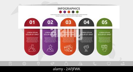 Infografico vettore modello piano. Forma con le icone per cinque diagrammi, grafico, diagramma di flusso, timeline, flusso di lavoro, web. Il concetto di business con 5 etichette Illustrazione Vettoriale