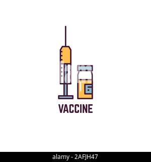 Vaccino stile linea illustrazione. Farmaco o terapia di siringa. Vet pet vaccino. La immunizzazione di flu di altre malattie. Uno stile di linea la siringa e la bottiglia. Vacc Illustrazione Vettoriale