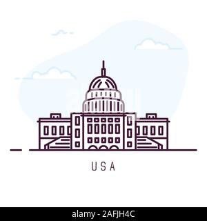 Stati Uniti d'America città stile linea illustrazione. Famoso Capitol Building. Architettura simbolo della città di membri. Edificio di contorno. Nuvole del cielo su ba Illustrazione Vettoriale