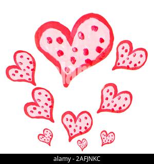 Set di simpatici cuori rossi di diverse dimensioni, acquerello creativo del disegno a mano per il giorno di San Valentino. Foto Stock