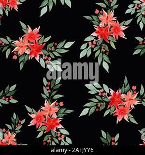 Ripetere senza giunture floreale con sfondo rosso e arancio fiori sul nero, acquerello bouquet di fiori modello senza giunture Foto Stock