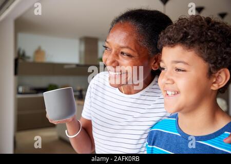 Nonna con il nipote a casa guardando fuori attraverso la finestra sul giardino Foto Stock