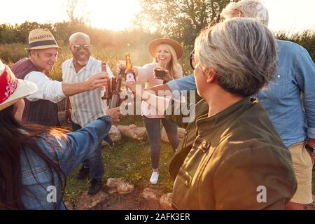 Gruppo di amici maturi rendendo Toast come essi siedono intorno al fuoco e cantare canzoni al campeggio all'aperto Foto Stock