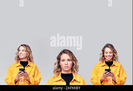 Concetto composito immagine raffigurante giovane donna con il telefono cellulare la sofferenza con ansietà sociale Foto Stock