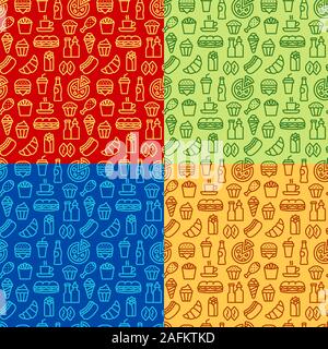 Illustrazione del fast food seamless patterns in bianco e nero, includono quattro modelli diversi Illustrazione Vettoriale