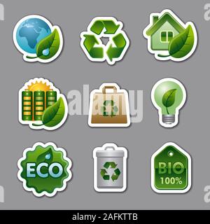 Illustrazione della serie eco adesivi e distintivi Illustrazione Vettoriale
