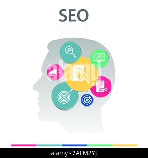 Seo Infographics design. Timeline concetto comprendono la ricerca di ottimizzazione, gestione dei dati, icone di risultati di ricerca. Può essere utilizzato per la relazione, presentazione Foto Stock