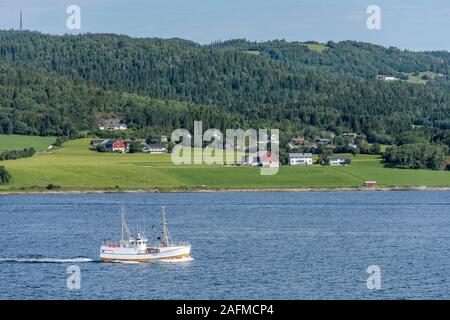 STADSBYGD, Norvegia - 18 Luglio 2019: tradizionale barca da pesca vele vicino fiordo di verde a riva, girato sotto la luminosa luce estiva il 18 luglio 2019 vicino Stadsbyg Foto Stock