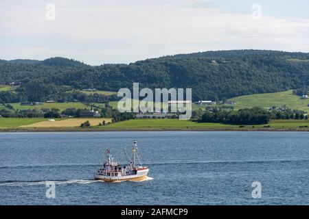 STADSBYGD, Norvegia - 18 Luglio 2019: il paesaggio con la tradizionale barca da pesca e verde riva del fiordo, girato sotto la luminosa luce estiva il 18 luglio 2019 vicino a Foto Stock