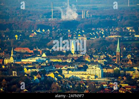 Foto aerea, vista aerea, Centro citta', la chiesa prepositura di San Lamberti chiesa, la Chiesa di Cristo, il municipio con la torre, vista nord a Uniper power station, G Foto Stock