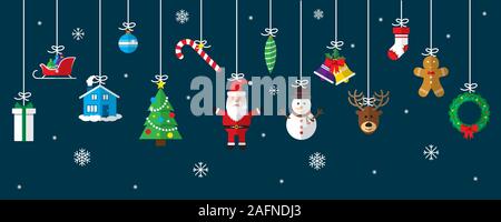 Auguri di Natale ornamento elementi pendenti a sfondo blu. Santa Claus, albero di natale, bell, stoccaggio, albero di natale, renne, presente, neve Illustrazione Vettoriale