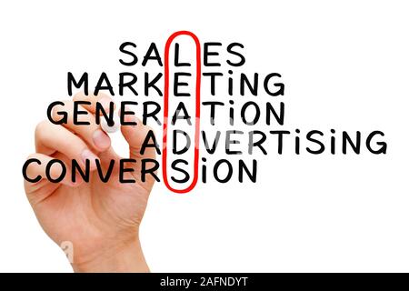 La scrittura a mano di Lead Generation concetto cruciverba con marcatore sul panno trasparente bordo isolati su sfondo bianco. Foto Stock