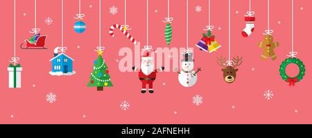 Auguri di Natale ornamento elementi pendenti in sfondo rosso. Santa Claus, albero di natale, bell, stoccaggio, albero di natale, renne, presente snowm Illustrazione Vettoriale